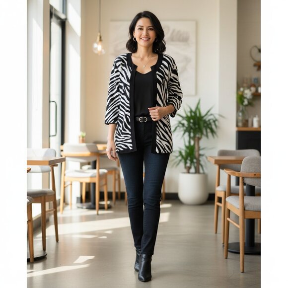 NWOT Lillian Nicole Zebra Print Sweater Women’s Size L 3/4 Sleeve Button Front - Picture 1 of 14